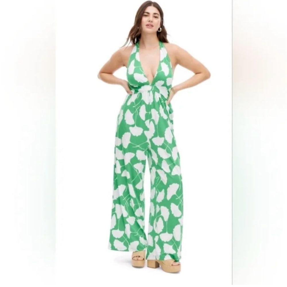 NWT Diane von Furstenberg Target Halter Ginkgo Green Floral Jumpsuit Size XXL
